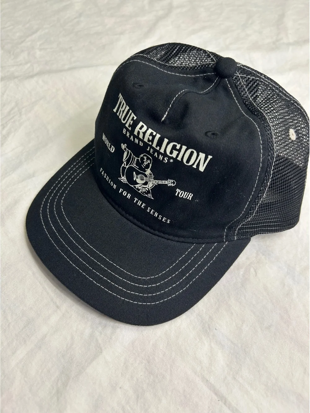 True Religion Black Mesh Trucker Snapback Hat OS Adjustable Logo Cap